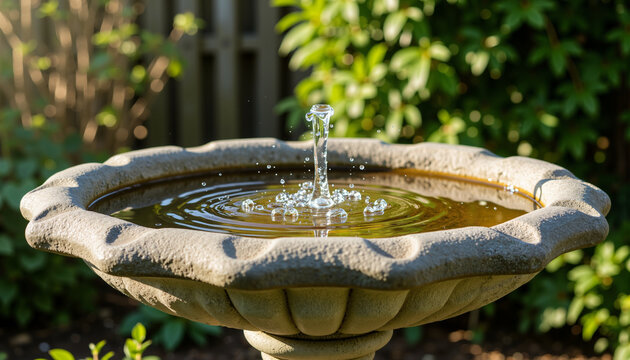 Stone bird bath with clear water and greenery around in garden  