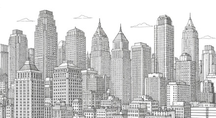 Naklejka premium Detailed Pencil Sketch Drawing of a Metropolitan City Skyline