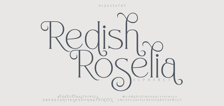 Redish Roselia Elegant wedding alphabet font logo classic minimal fashion designs. Typography luxury modern serif letter fonts and number for logos tattoo brand. vector illustration