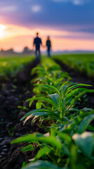 Fototapeta premium Young green corn plant growing in cultivated agricultural field with tractor in background at sunset.