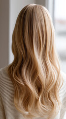 Naklejka premium Long wavy blonde hair from back view showcasing healthy shiny hairstyle and beauty care.