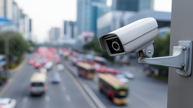 Security surveillance camera monitoring city traffic from urban building exterior.