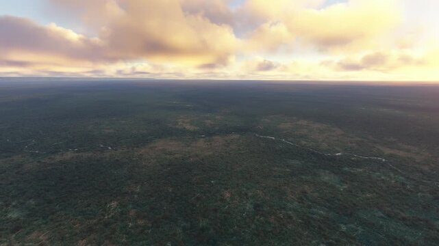 Sunset aerial drone view of South Luangwa National Park in Eastern Province. Zambia