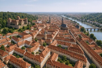 Fototapeta premium Aerial View of Würzburg, Germany Featuring Historical Architecture, the River Main, and Lush Greenery on a Sunny Day