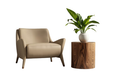 Fototapeta premium Beige leather armchair with wood side table and houseplant, creating a cozy elegant interior design concept on transparent background