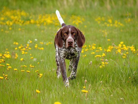 German Shorthaired Pointer Dog Walking in Dandelion Field