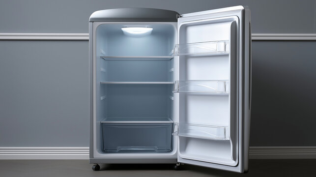 Open empty refrigerator with interior shelves illuminated in modern kitchen.