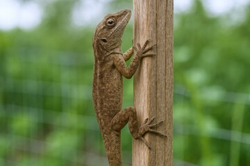 Fototapeta premium Anole Lizard Climbing Wooden Post, Wildlife Macro Photography, Natural Habitat, Green Background