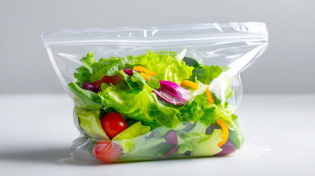 Fresh mixed green salad with vegetables packed in transparent plastic zip bag isolated on light background.