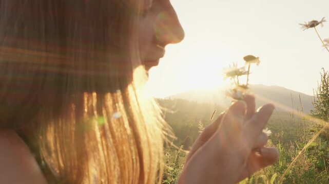 Closeup of a serene woman with long hair appreciating wildflowers in a summer field, bathed in soft sunlight. The tranquil outdoor scene evokes calm, freedom, and connection with nature
