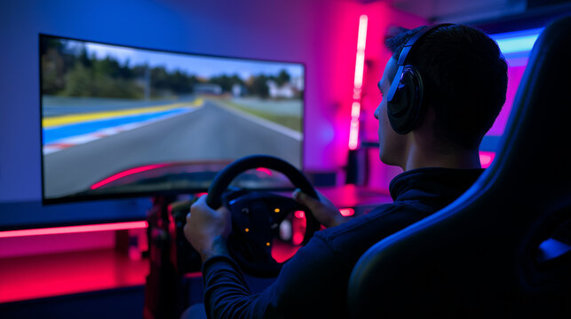 Person using virtual reality headset while driving in futuristic racing simulator with motion blur lights.