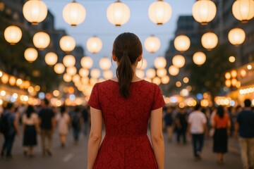 Fototapeta premium Woman Gazing at Glowing Lanterns in a Crowded Asian Street at Night