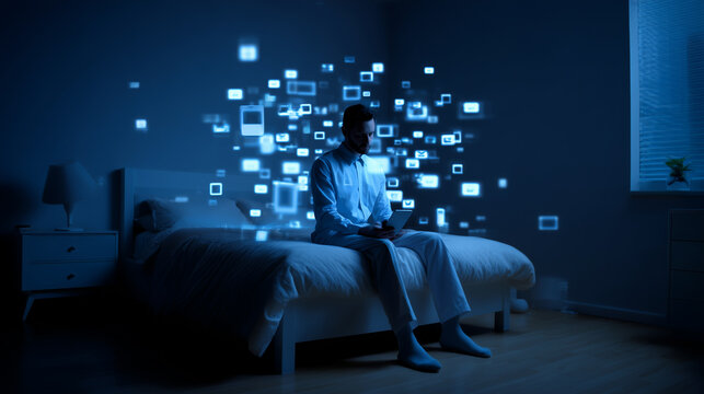 Young man sitting on bed at night illuminated by floating social media notifications symbolizing digital overload and online addiction.