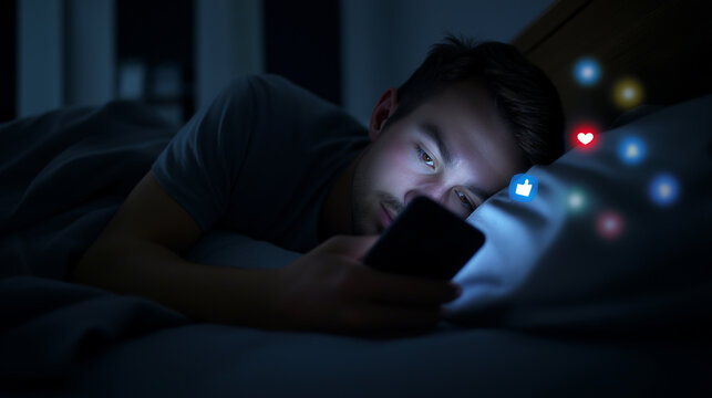Young man lying in bed at night scrolling smartphone with social media notifications symbolizing digital addiction and sleep disruption.