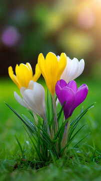 Blooming purple crocus flowers in spring garden with soft natural background and fresh green grass.