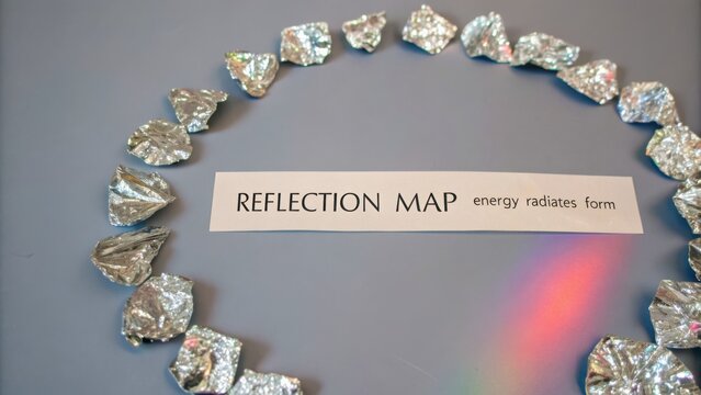 Reflection Map Display with Iridescent Foil Pieces Circling Text Energy Radiates Form on Gray Background
