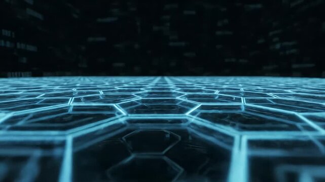 Futuristic hexagon grid pattern slowly rotating in a dark digital environment with subtle glowing edges creating modern seamless loop technology background animation.
