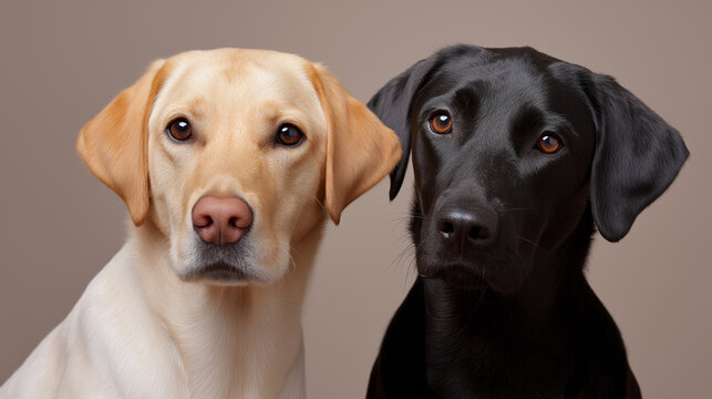 Two Labrador retriever dogs sitting side by side looking at the camera in a studio portrait.
