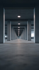 Naklejka premium Symmetrical underground parking garage corridor with concrete columns and cool blue lighting. 