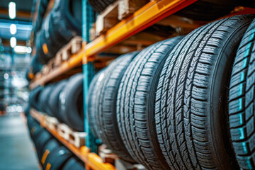 Rows of new tires carefully organized on industrial metal shelving inside a spacious warehouse with a focus on detailed tire tread patterns and bright lighting