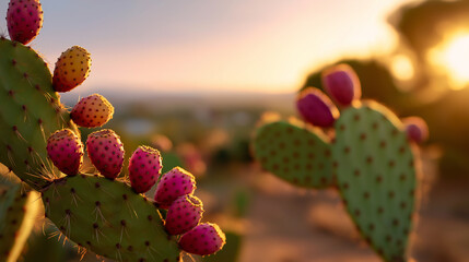 Prickly pear cactus with colorful ripe fruits glowing in warm sunset light in desert landscape. 