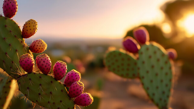 Prickly pear cactus with colorful ripe fruits glowing in warm sunset light in desert landscape.
