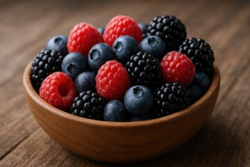 Fresh Berry Medley in Wooden Bowl: Raspberries, Blueberries, and Blackberries on Rustic Wood