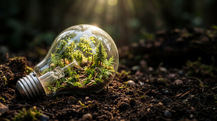 Miniature Forest Inside a Lightbulb Resting on Dark Rich Soil