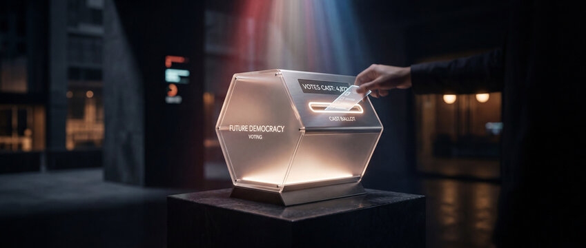 Modern Glowing Futuristic Voting Ballot Box for Digital Democracy

