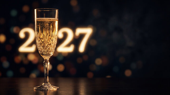 Elegant Crystal Champagne Glass with Blurred Glowing 2027 Background

