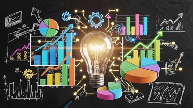 Glowing light bulb with business chart and chalk doodles