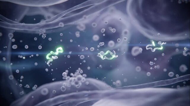 Microscopic view of Ghrelin hormone molecules in a biological environment