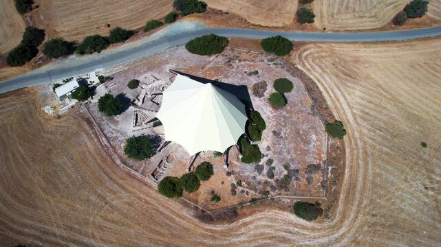 Drone aerial 4k footage of the ancient tenta tenda kalavasos archaeological site . Prehistoric settlement , ancient history cyprus