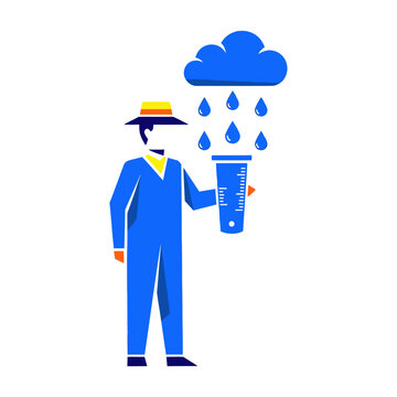 Meteorologist measuring rainfall with a pluviometer under a stylized cloud