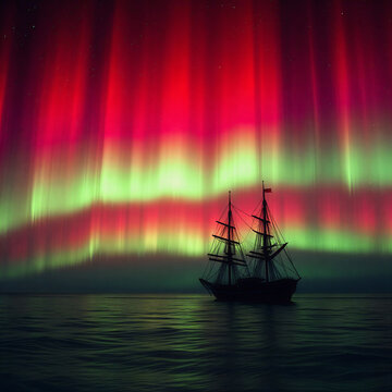 Ship at sea passing by the Aurora Borealis