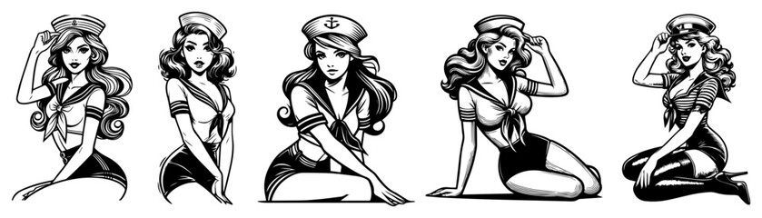 Naklejka premium Pin-up sailor girls set in retro vintage style. Hand drawn navy theme nautical ladies for maritime decoration and tattoos.