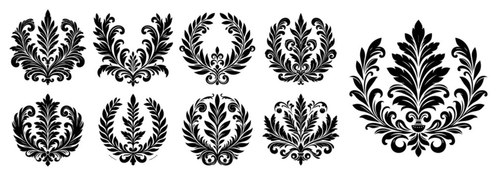 Vintage ornamental floral crests and baroque motifs set. Hand drawn classic flourishes for luxury branding and wedding invitation design.