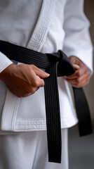 Person tying black belt on martial arts uniform representing discipline, training and karate practice.