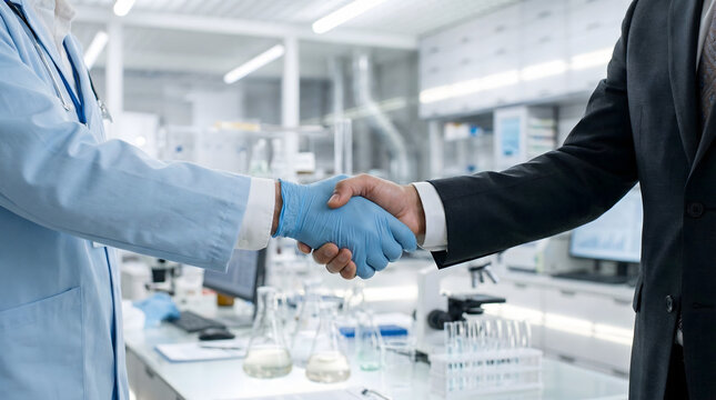 handshake between a scientist in a lab coat and a businessman in a suit representing medical research partnership pharmaceutical investment and healthcare business deal in a laboratory