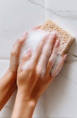 Fototapeta premium Woman's Hands Squeezing a Soapy Sponge Against White Tiled Wall, Close-up View for Hygiene and Skincare Concepts