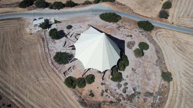 Drone aerial 4k footage of the ancient tenta tenda kalavasos archaeological site . Prehistoric settlement , ancient history cyprus