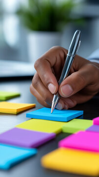 Hand writing notes on colorful sticky notes representing planning, organization and productivity.