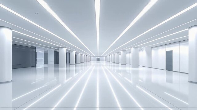 Long white futuristic corridor with strong perspective and ceiling lighting