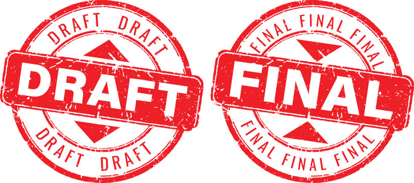 Set of red circular grunge rubber stamps with draft and final text for document version control