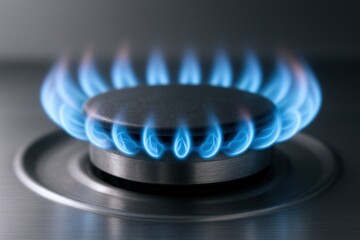 Burning Gas Stove Flame Close-up, Energy Source, Blue Flames on a Metal Cooktop, Heat