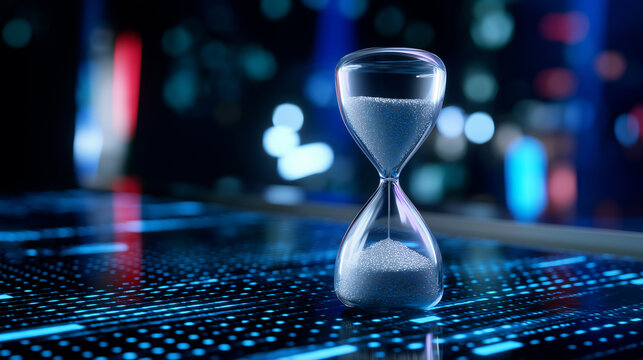 Hourglass standing on glowing digital grid symbolizing time management, deadline and digital countdown.