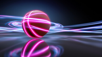 Obraz premium Futuristic glowing basketball with neon light trails representing sports technology and digital motion.