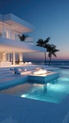 Fototapeta premium Luxury Coastal Villa at Twilight with Infinity Pool and Fire Pit Overlooking the Ocean