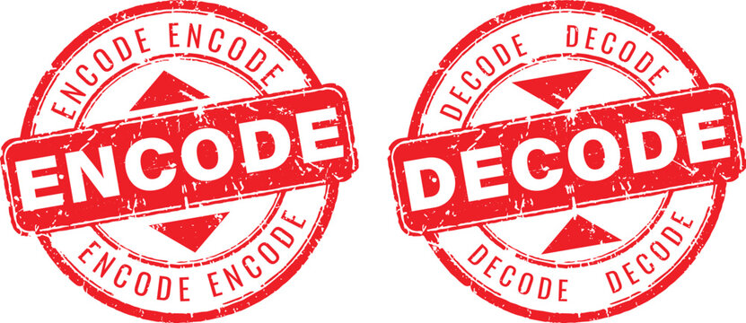 Set of red circular grunge rubber stamps with encode and decode text for data security encryption