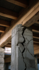 Naklejka premium Cracked concrete pillar in unfinished building showing structural damage and construction failure.